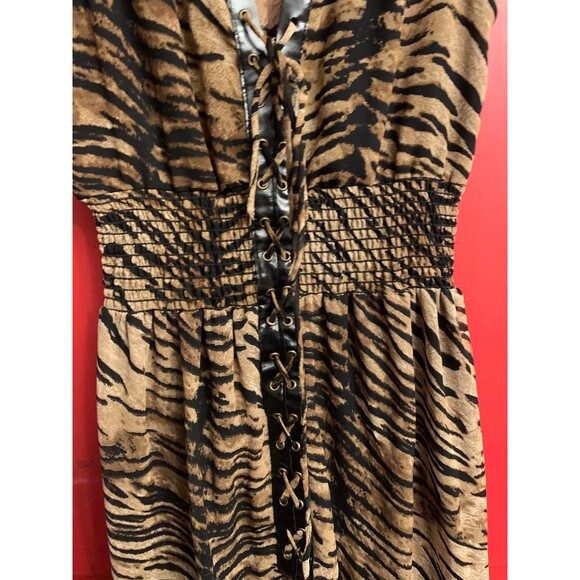 Dots Sz Small Sexy Zebra Striped Dress Lace up Front Faux Leather Midi Sheer EUC - Picture 2 of 3